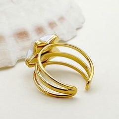 Wholesale 304 Stainless Steel Gold Plated Elegant Cute Plating Inlay Star Shell Open Rings - coojewelry
