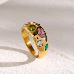 Wholesale 316 Stainless Steel 18K Gold Plated Simple Classic Style Plating Inlay Color Block Zircon Rings - coojewelry