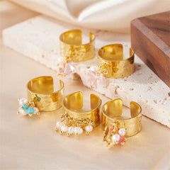 Wholesale Artistic Round Stainless Steel Open Rings 18K Gold Plated with Freshwater Pearl Inlays - coojewelry