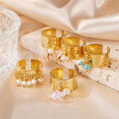 Wholesale Artistic Round Stainless Steel Open Rings 18K Gold Plated with Freshwater Pearl Inlays - coojewelry