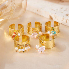 Wholesale Artistic Round Stainless Steel Open Rings 18K Gold Plated with Freshwater Pearl Inlays - coojewelry