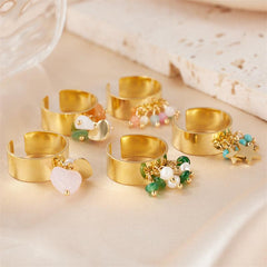Wholesale Artistic Round Stainless Steel Open Rings 18K Gold Plated with Freshwater Pearl Inlays - coojewelry