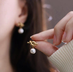 Wholesale Basic Lady Simple Style Round Artificial Pearl Titanium Steel 18K Gold Plated Drop Earrings Pair - coojewelry