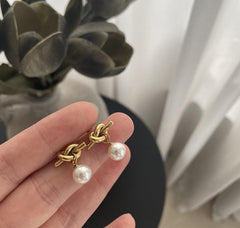 Wholesale Basic Lady Simple Style Round Artificial Pearl Titanium Steel 18K Gold Plated Drop Earrings Pair - coojewelry