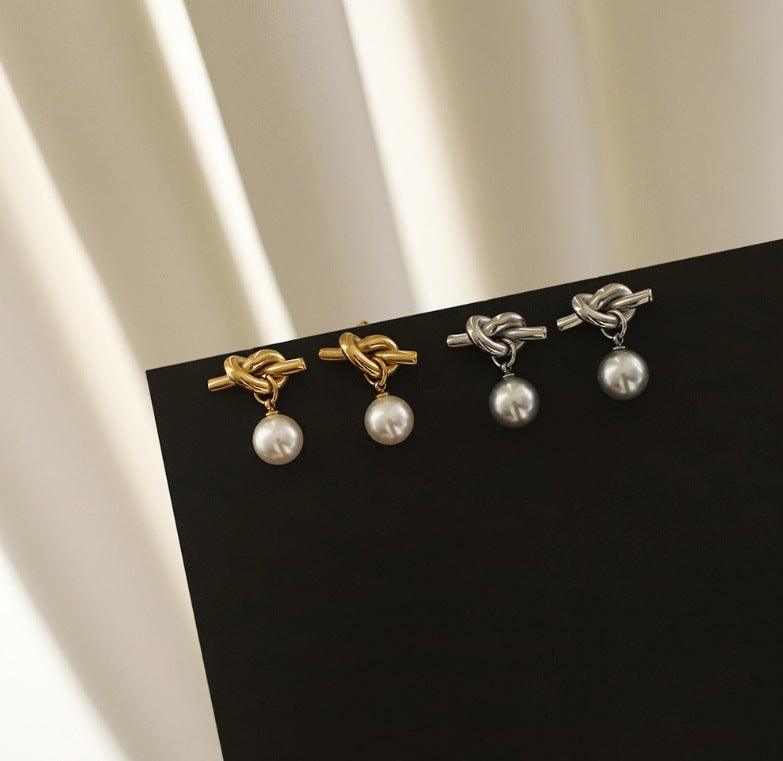 Wholesale Basic Lady Simple Style Round Artificial Pearl Titanium Steel 18K Gold Plated Drop Earrings Pair - coojewelry
