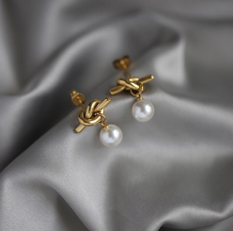Wholesale Basic Lady Simple Style Round Artificial Pearl Titanium Steel 18K Gold Plated Drop Earrings Pair - coojewelry