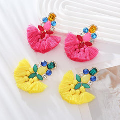 Wholesale Casual Bohemian Sector Water Droplets Tassel Inlay Alloy Rhinestones Glass Gold Plated Silver Plated Drop Earrings - coojewelry