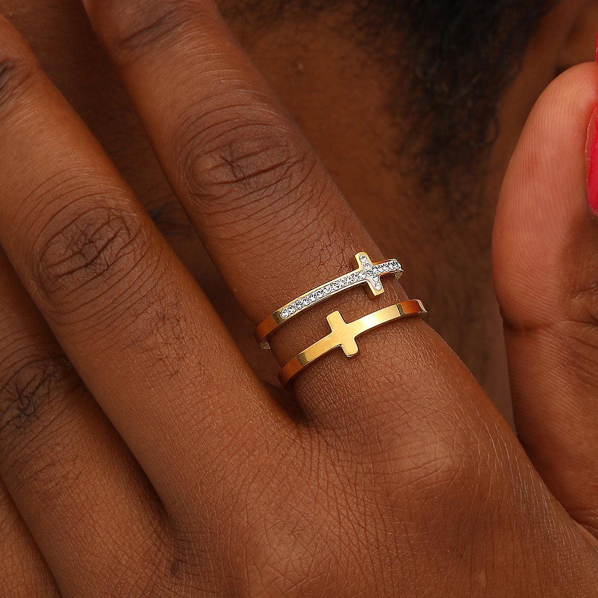 Wholesale Casual Modern Cross Stainless Steel Open Rings  Asymmetrical 18K Gold Plated with Rhinestone Inlays - coojewelry