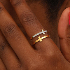Wholesale Casual Modern Cross Stainless Steel Open Rings  Asymmetrical 18K Gold Plated with Rhinestone Inlays - coojewelry