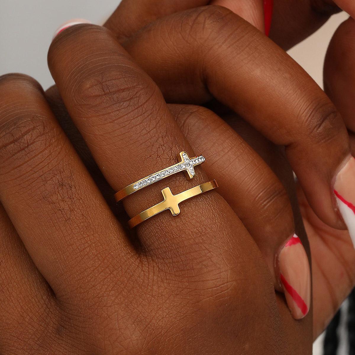 Wholesale Casual Modern Cross Stainless Steel Open Rings  Asymmetrical 18K Gold Plated with Rhinestone Inlays - coojewelry