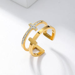 Wholesale Casual Modern Cross Stainless Steel Open Rings  Asymmetrical 18K Gold Plated with Rhinestone Inlays - coojewelry