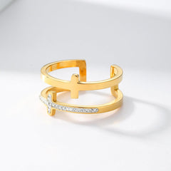 Wholesale Casual Modern Cross Stainless Steel Open Rings  Asymmetrical 18K Gold Plated with Rhinestone Inlays - coojewelry