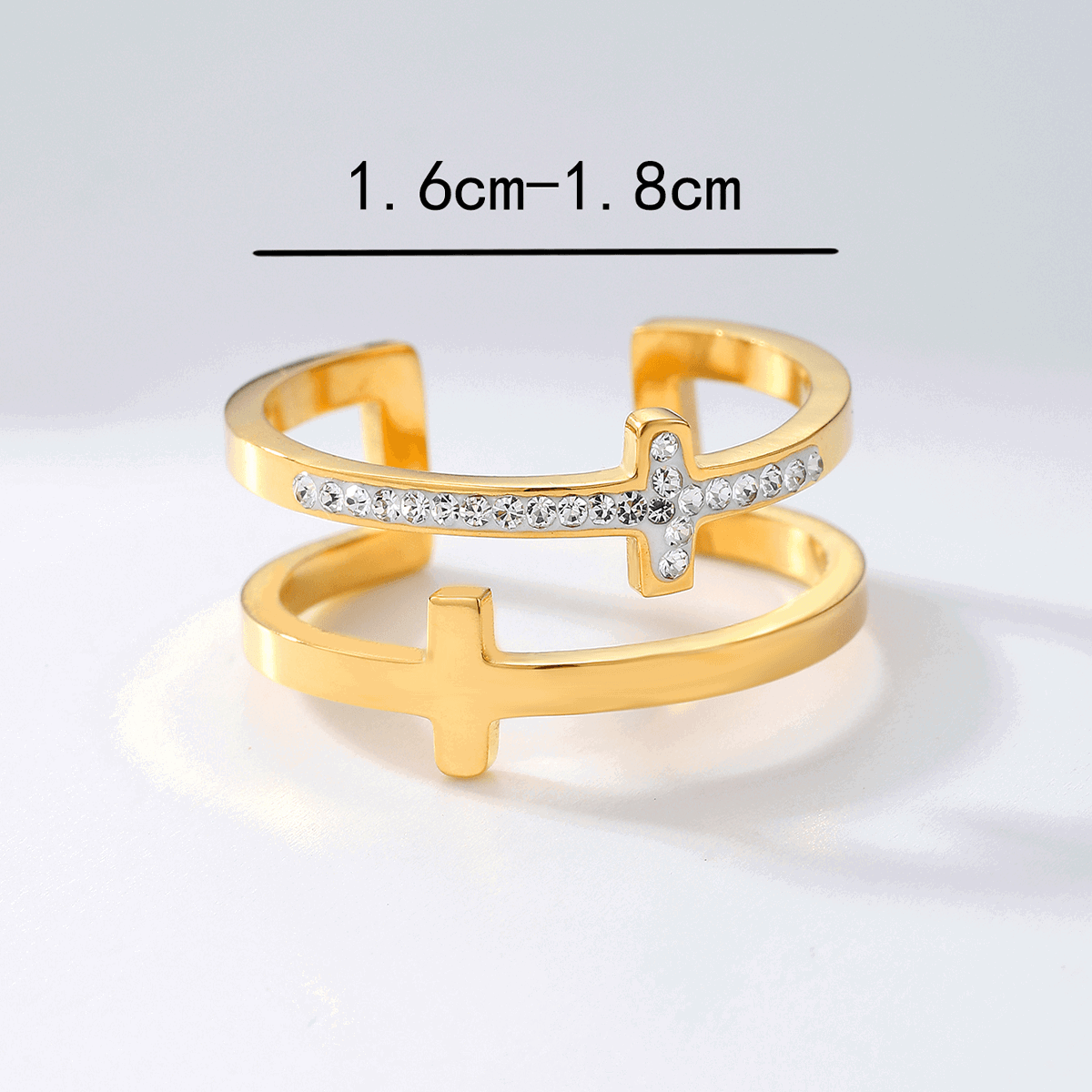 Wholesale Casual Modern Cross Stainless Steel Open Rings  Asymmetrical 18K Gold Plated with Rhinestone Inlays - coojewelry