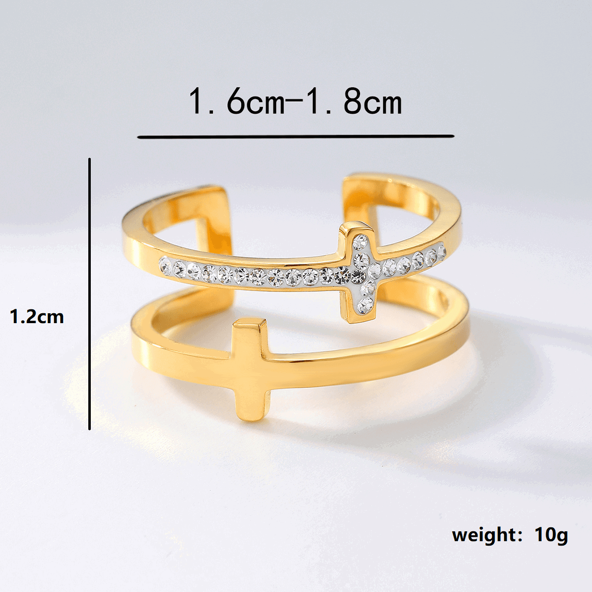 Wholesale Casual Modern Cross Stainless Steel Open Rings  Asymmetrical 18K Gold Plated with Rhinestone Inlays - coojewelry