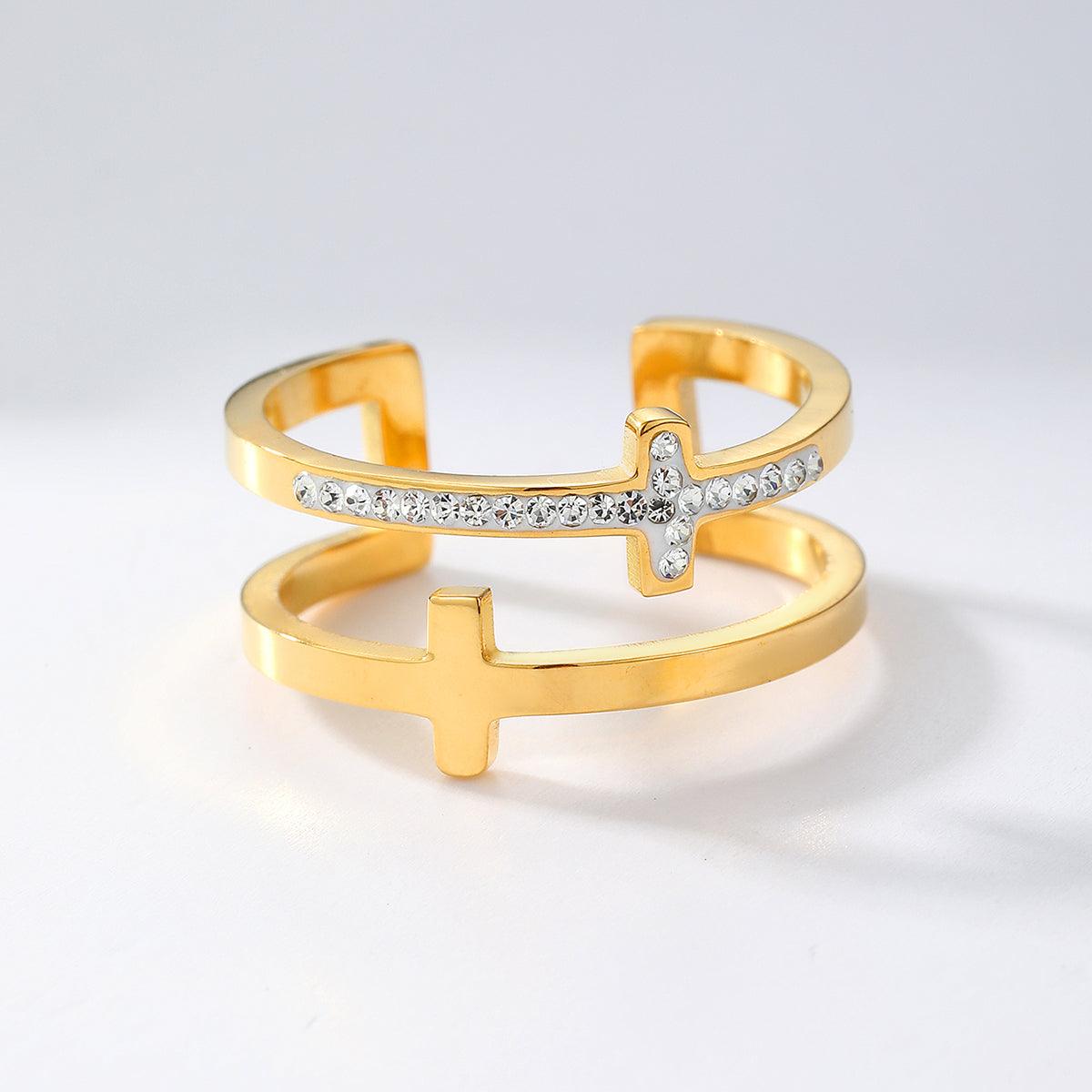 Wholesale Casual Modern Cross Stainless Steel Open Rings  Asymmetrical 18K Gold Plated with Rhinestone Inlays - coojewelry