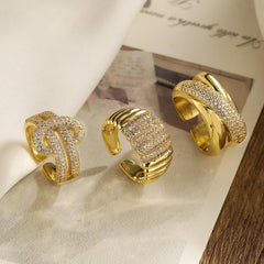 Wholesale Casual Modern Style Geometric Copper Plating Inlay Zircon 18K Gold Plated Open Rings - coojewelry