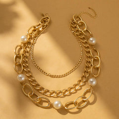 Wholesale Casual Retro Geometric Imitation Pearl Aluminum Layered Necklaces - coojewelry