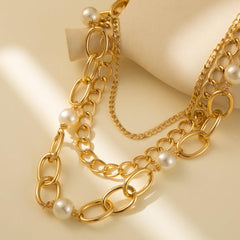 Wholesale Casual Retro Geometric Imitation Pearl Aluminum Layered Necklaces - coojewelry