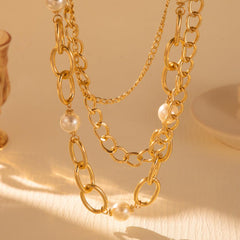 Wholesale Casual Retro Geometric Imitation Pearl Aluminum Layered Necklaces - coojewelry