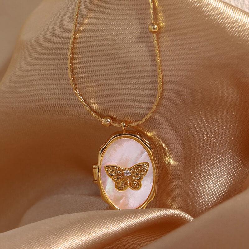 Wholesale Casual Simple Style Angel Butterfly Copper Plating Shell Copper Zircon 18K Gold Plated Pendant Necklace - coojewelry