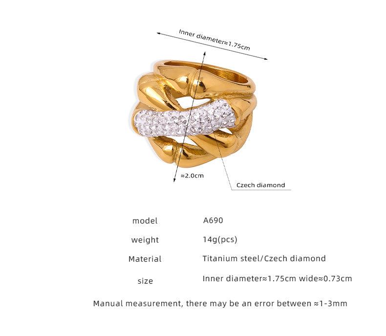 Wholesale Casual Simple Style Cross Titanium Steel Plating Inlay Artificial Diamond 18K Gold Plated Rings - coojewelry
