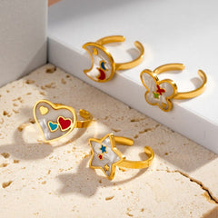 Wholesale Casual Sweet Simple Style Moon Butterfly 304 Stainless Steel 18K Gold Plated Resin Rhinestones Shell Adjustable Ring In Bulk - coojewelry