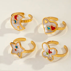 Wholesale Casual Sweet Simple Style Moon Butterfly 304 Stainless Steel 18K Gold Plated Resin Rhinestones Shell Adjustable Ring In Bulk - coojewelry