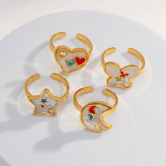 Wholesale Casual Sweet Simple Style Moon Butterfly 304 Stainless Steel 18K Gold Plated Resin Rhinestones Shell Adjustable Ring In Bulk - coojewelry