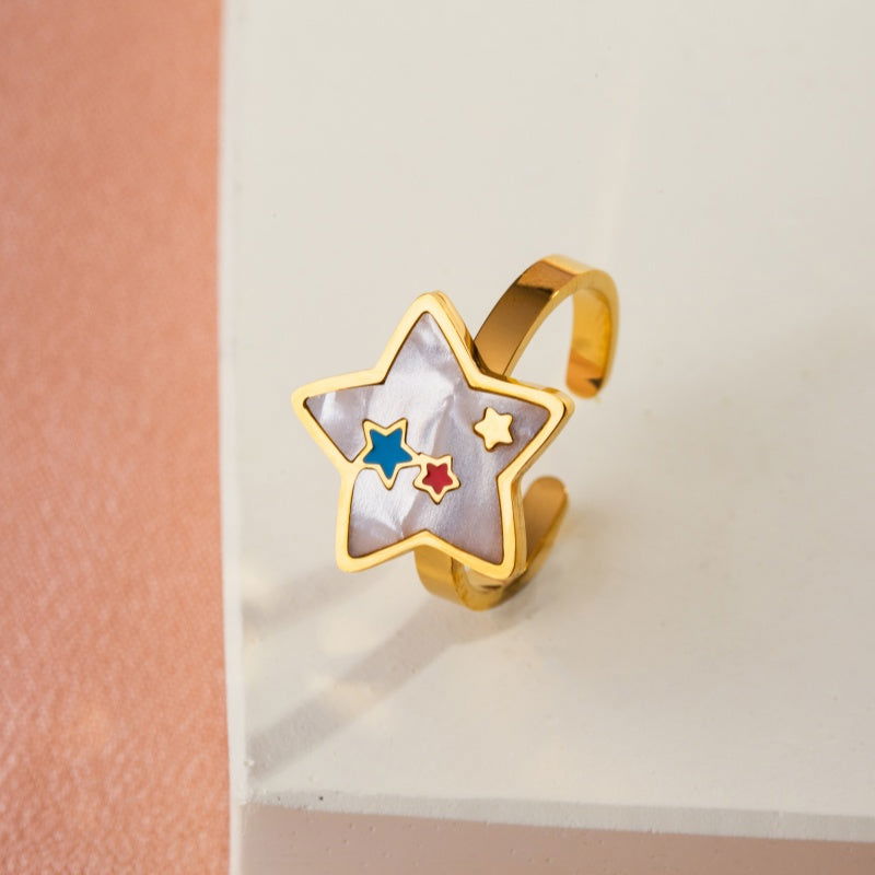 Wholesale Casual Sweet Simple Style Moon Butterfly 304 Stainless Steel 18K Gold Plated Resin Rhinestones Shell Adjustable Ring In Bulk - coojewelry