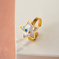 Wholesale Casual Sweet Simple Style Moon Butterfly 304 Stainless Steel 18K Gold Plated Resin Rhinestones Shell Adjustable Ring In Bulk - coojewelry