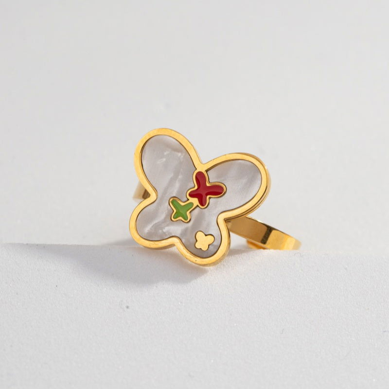 Wholesale Casual Sweet Simple Style Moon Butterfly 304 Stainless Steel 18K Gold Plated Resin Rhinestones Shell Adjustable Ring In Bulk - coojewelry