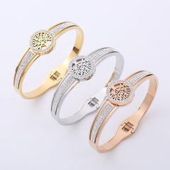 Wholesale Classic Style Life Tree Stainless Steel Rhinestones 18K Gold Plated Bangle - coojewelry