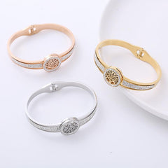 Wholesale Classic Style Life Tree Stainless Steel Rhinestones 18K Gold Plated Bangle - coojewelry