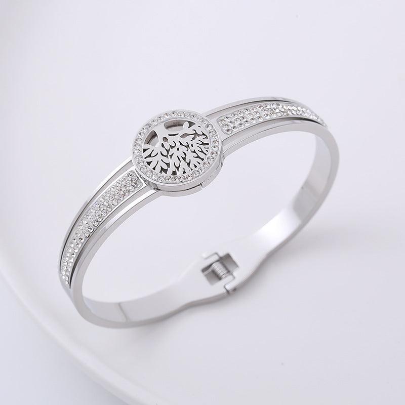 Wholesale Classic Style Life Tree Stainless Steel Rhinestones 18K Gold Plated Bangle - coojewelry