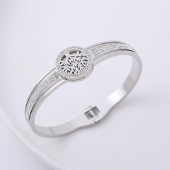 Wholesale Classic Style Life Tree Stainless Steel Rhinestones 18K Gold Plated Bangle - coojewelry