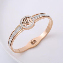 Wholesale Classic Style Life Tree Stainless Steel Rhinestones 18K Gold Plated Bangle - coojewelry