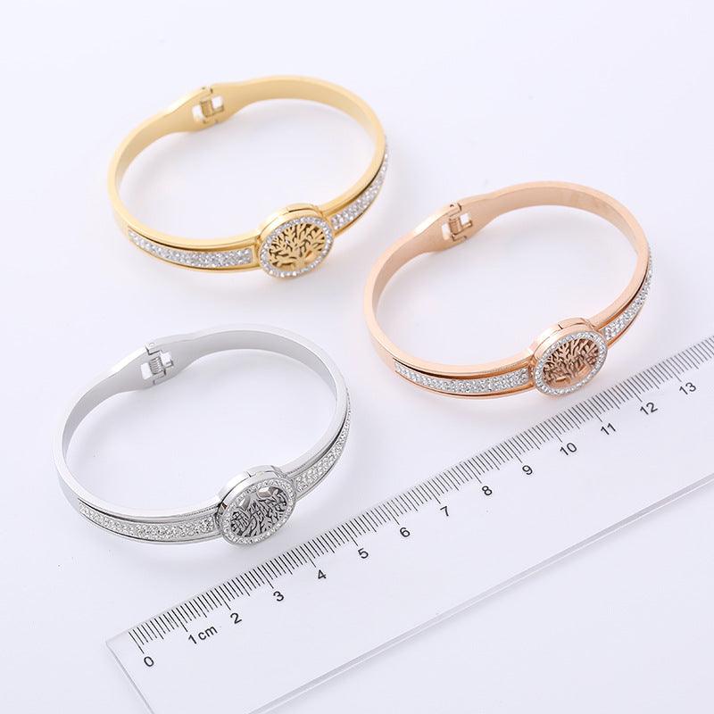 Wholesale Classic Style Life Tree Stainless Steel Rhinestones 18K Gold Plated Bangle - coojewelry