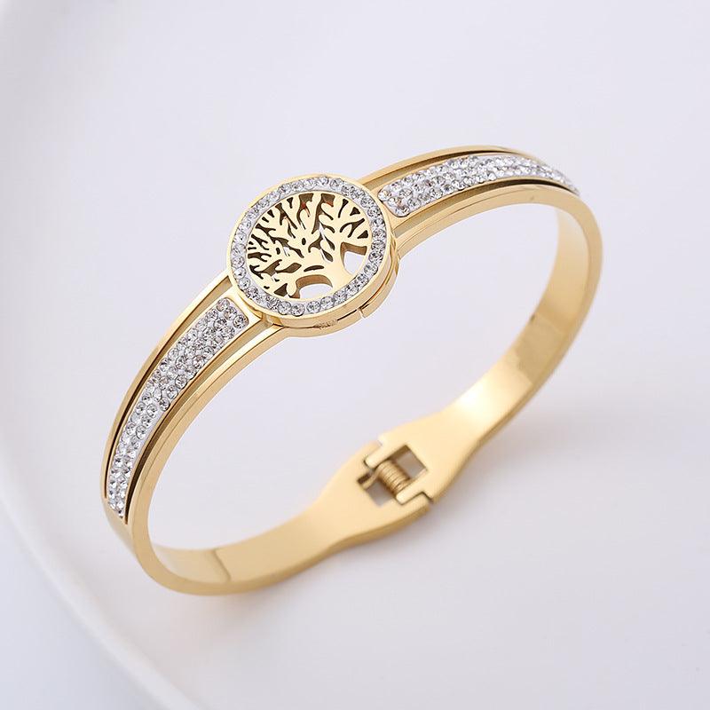 Wholesale Classic Style Life Tree Stainless Steel Rhinestones 18K Gold Plated Bangle - coojewelry