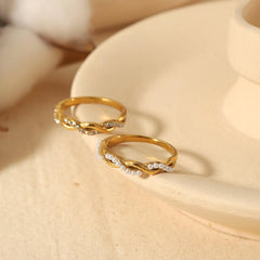Wholesale Classic Twist Stainless Steel Rings | 18K Gold Plated with Pearl & Zircon Inlays - coojewelry