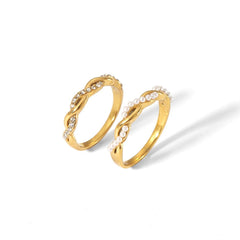 Wholesale Classic Twist Stainless Steel Rings | 18K Gold Plated with Pearl & Zircon Inlays - coojewelry