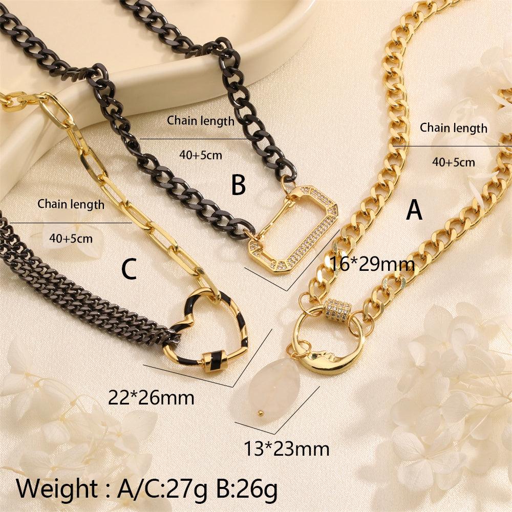 Wholesale Copper 18K Gold Plated IG Style Vintage Style Heart Shape Rectangle Zircon Pendant Necklace - coojewelry