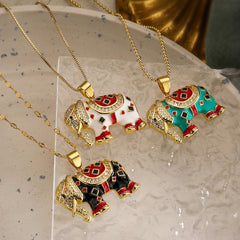 Wholesale Copper 18K Gold Plated Retro Elephant Enamel Inlay Zircon Pendant Necklace - coojewelry