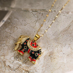 Wholesale Copper 18K Gold Plated Retro Elephant Enamel Inlay Zircon Pendant Necklace - coojewelry