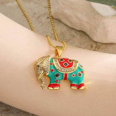 Wholesale Copper 18K Gold Plated Retro Elephant Enamel Inlay Zircon Pendant Necklace - coojewelry
