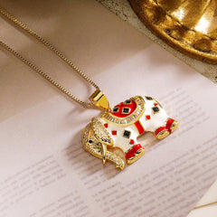 Wholesale Copper 18K Gold Plated Retro Elephant Enamel Inlay Zircon Pendant Necklace - coojewelry