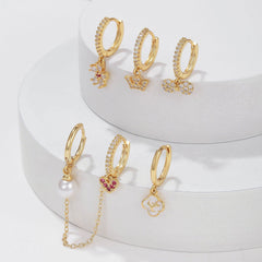 Wholesale Cute Sweet Geometric Plating Inlay Brass Zircon 18K Gold Plated Drop Earrings Set - coojewelry