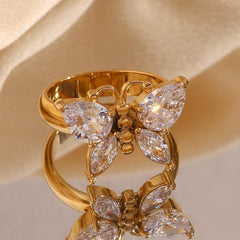 Wholesale Elegant Basic Classic Style Butterfly Stainless Steel Plating Inlay Zircon 18K Gold Plated Rings - coojewelry
