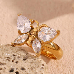 Wholesale Elegant Basic Classic Style Butterfly Stainless Steel Plating Inlay Zircon 18K Gold Plated Rings - coojewelry