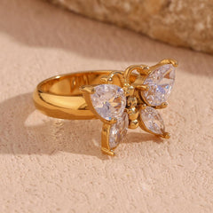 Wholesale Elegant Basic Classic Style Butterfly Stainless Steel Plating Inlay Zircon 18K Gold Plated Rings - coojewelry