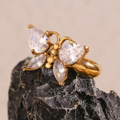 Wholesale Elegant Basic Classic Style Butterfly Stainless Steel Plating Inlay Zircon 18K Gold Plated Rings - coojewelry
